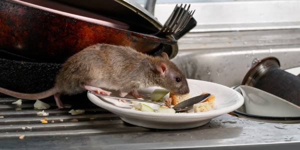 Rat eating food scraps left on a dish in the sink