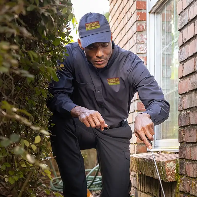 Pest control technician inspecting the perimeter of a house | Suburban Exterminating in NY
