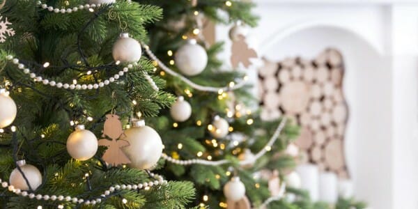 Christmas tree with white beads and ornaments