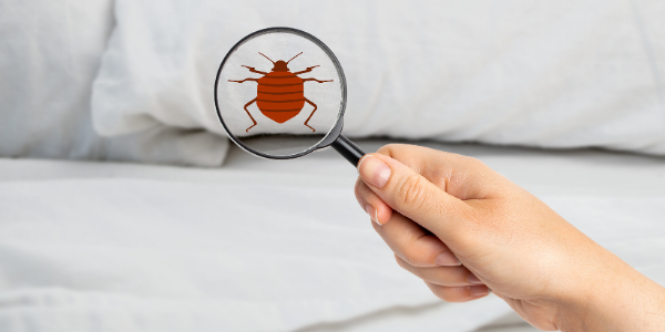 Hand holding magnifying glass to bed looking for bed bugs