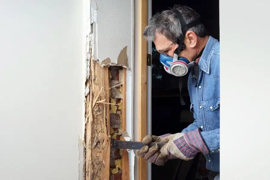 Worker removing termite damaged wood from a wall
