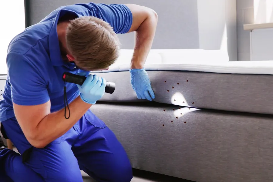 A pest control professional wearing a blue uniform and gloves using a flashlight to inspect the gap between a mattress and a grey bed base for bed bugs.