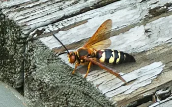 eastern cicada killer wasp on old weathered deck in suffolk county long island