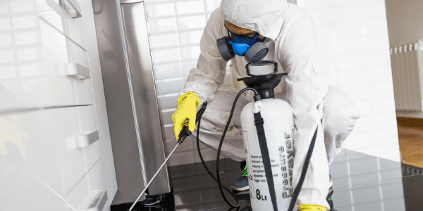 exterminator spraying in kitchen