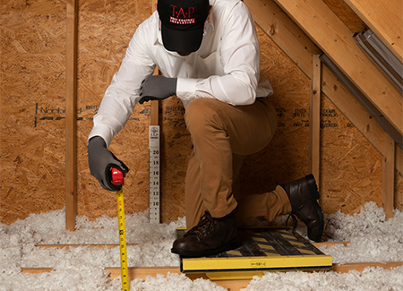 Man inspecting insulation in attic