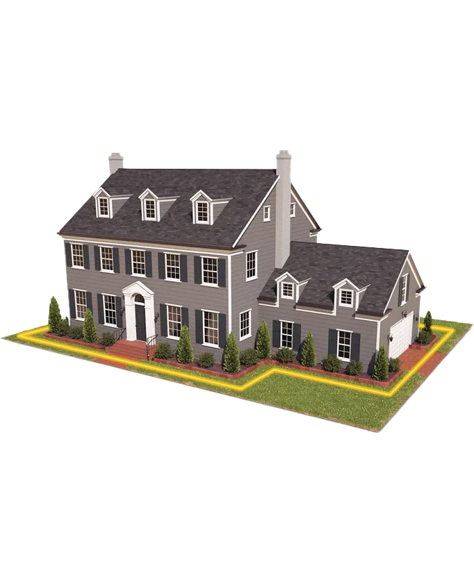 3D model of a gray suburban home with a yellow highlight perimeter