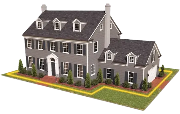 3D model of a gray suburban home with a yellow highlight perimeter
