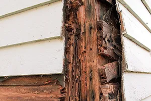 Termite damage to the exterior of a home's frame