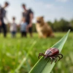 Tick on blade of grass perched over happy family outside in the residential NY area.