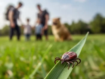 Tick on blade of grass perched over happy family outside in the residential NY area.